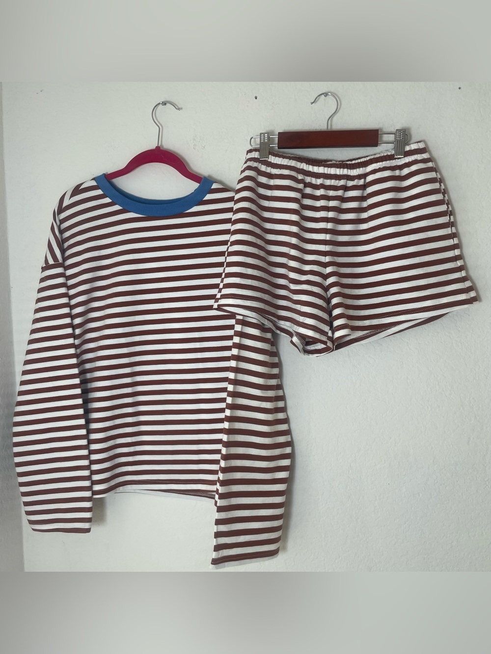 Striped Two Piece Long Sleeve Top & Shorts Set Brown White Size S